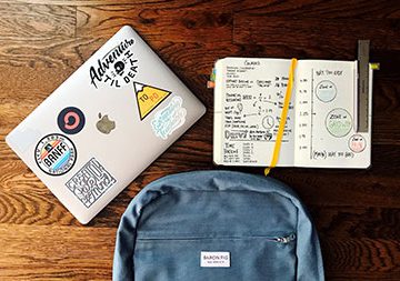 school desk with work